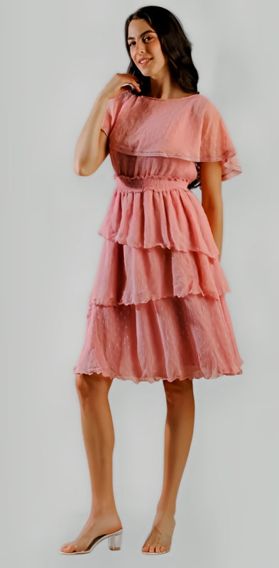 Women's Pink Chiffon Textured Dress - Elegant Cape Sleeve Party Dress