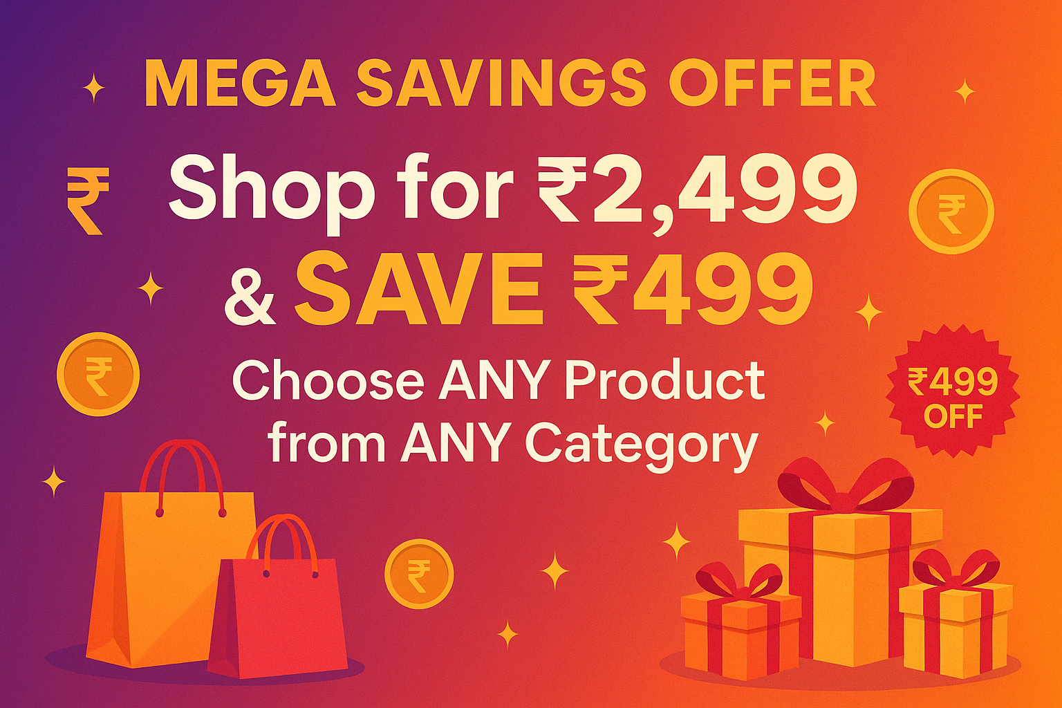 Promotional graphic with text about a mega savings offer on a gradient background with shopping bags and gift boxes.