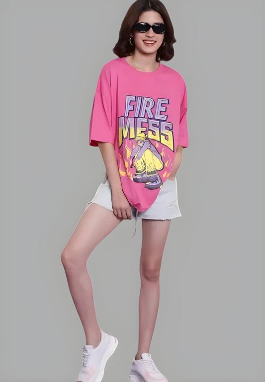 Pink oversized t-shirt for women showing relaxed fit and style