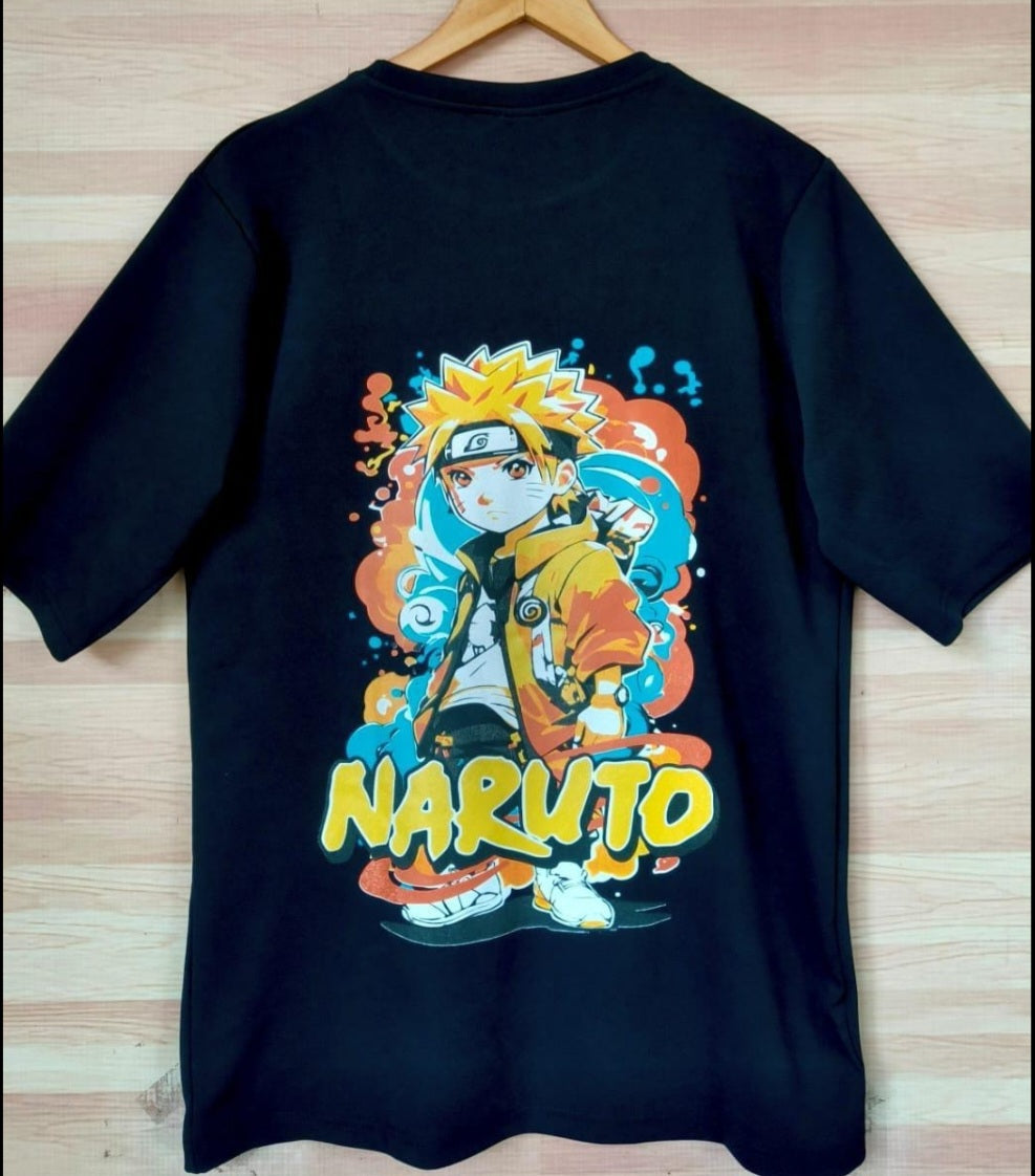 Black Dropshoulder t-shirt with Naruto graphic design on a wooden surface from HipHaven