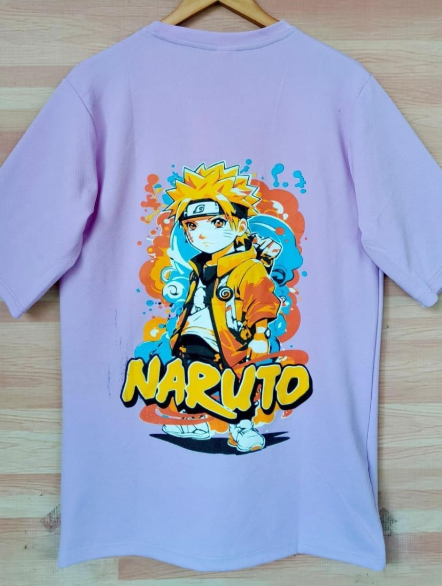 Light purple Dropshoulder t-shirt with Naruto graphic design on a wooden surface from HipHaven