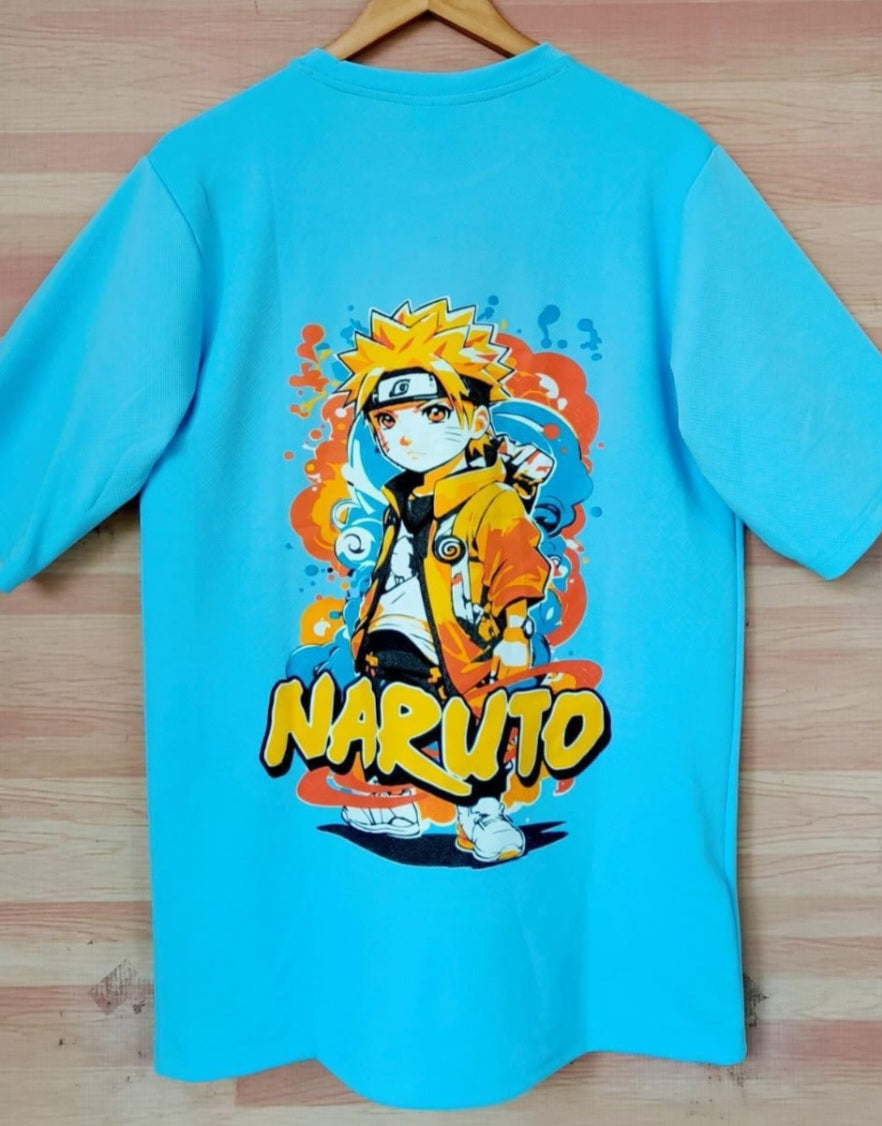 Blue Dropshoulder t-shirt with Naruto graphic design on a wooden surface from HipHaven