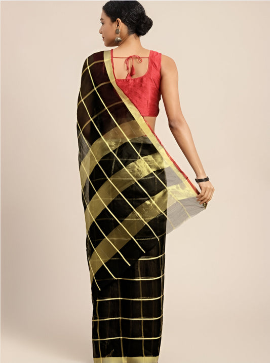 Kota Cotton Blend Saree Black Gold Woven Border Zari Work with Blouse Piece