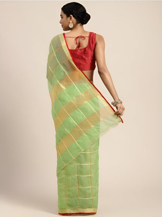 Kota Cotton Blend Saree Green Gold Woven Border Zari Work with Blouse Piece