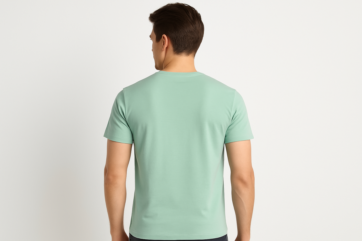 Back pose of model in mint green t-shirt