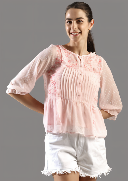 Pink pleated chiffon top with 3/4 sleeves and A-line fit - front view
