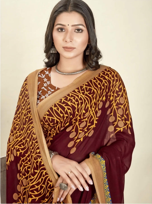 Printed Poly Georgette Saree - Brown Beige Yellow | Designer Collection