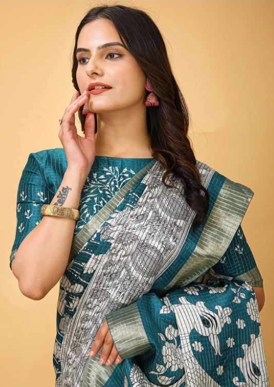 Kanjeevaram Pure Cotton Kalamkari Saree Teal White Printed Zari Woven Border Traditional Handwoven with Blouse