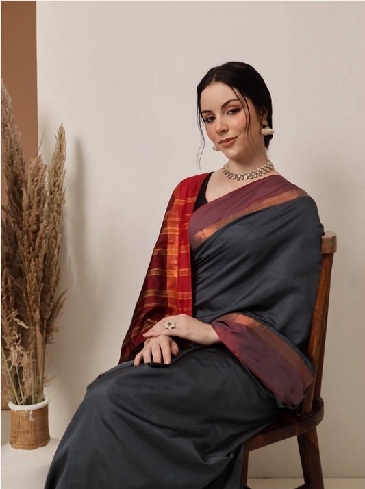 Zari Banarasi Saree Art Silk Grey Red with Unstitched Blouse - Traditional