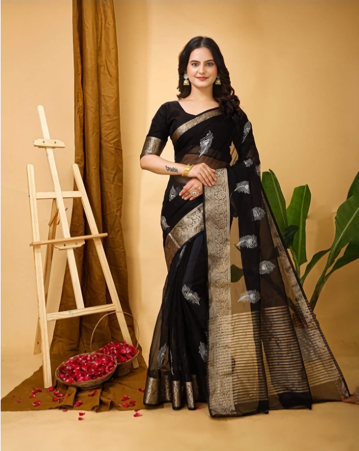 Kanjeevaram Pure Cotton Saree Black Gold Zari Embroidered Traditional South Indian Handwoven with Blouse