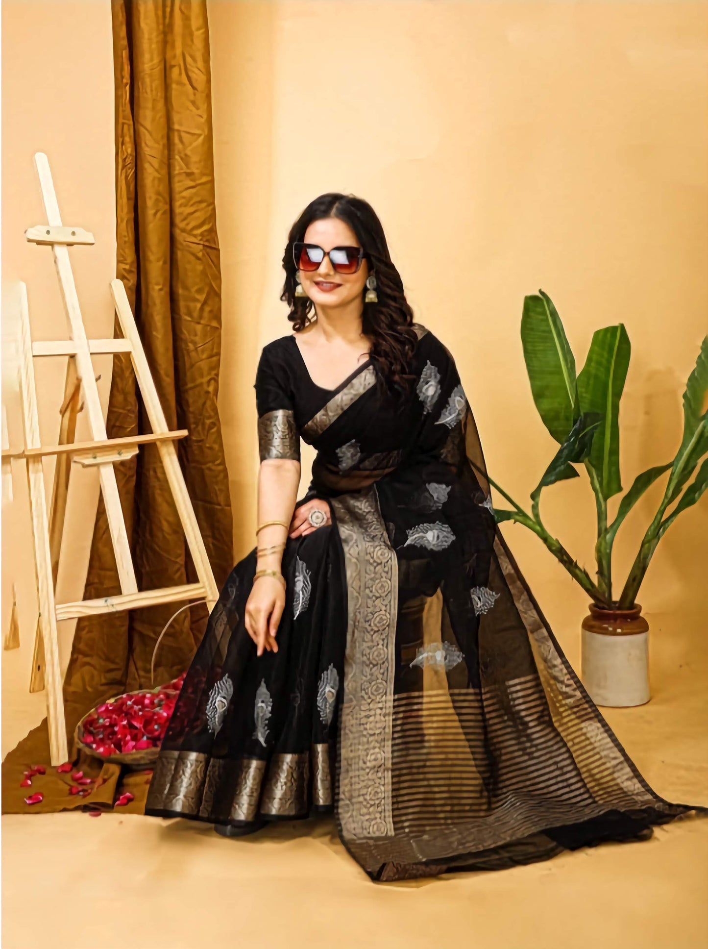 Kanjeevaram Pure Cotton Saree Black Gold Zari Embroidered Traditional South Indian Handwoven with Blouse