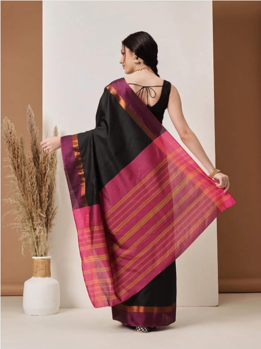 Zari Detailed Uppada Saree Art Silk Black Purple with Unstitched Blouse
