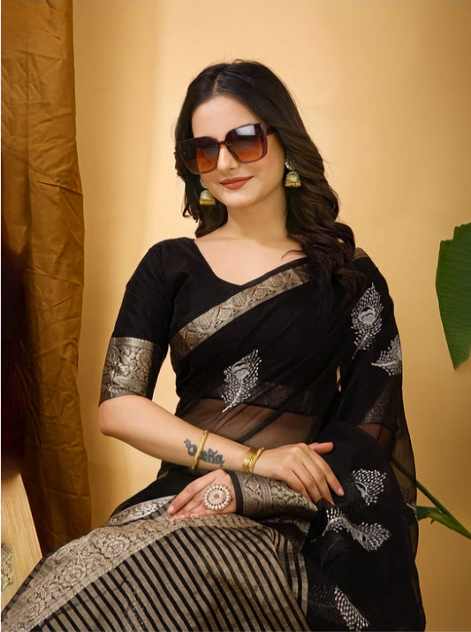 Kanjeevaram Pure Cotton Saree Black Gold Zari Embroidered Traditional South Indian Handwoven with Blouse