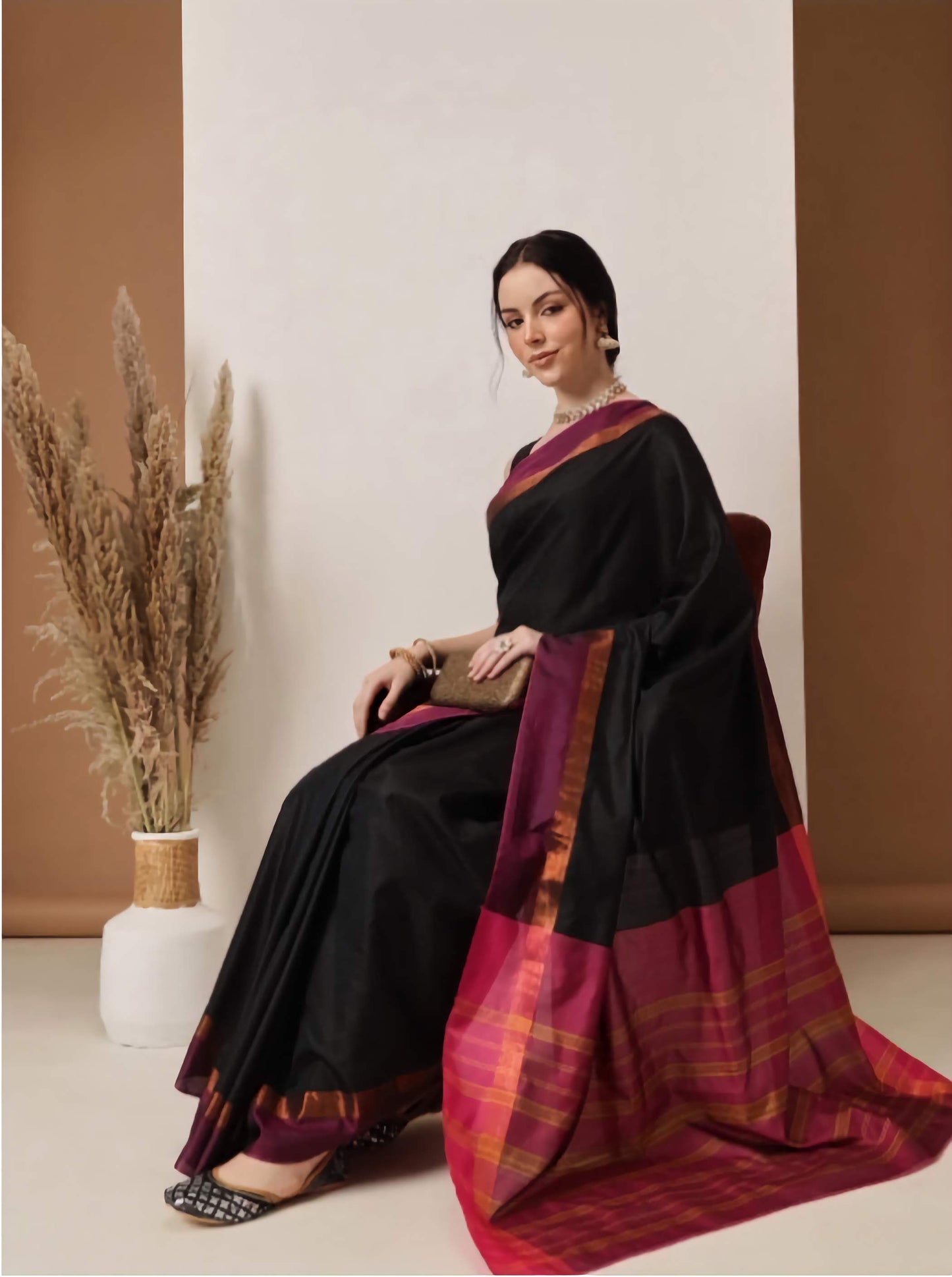 Zari Detailed Uppada Saree Art Silk Black Purple with Unstitched Blouse