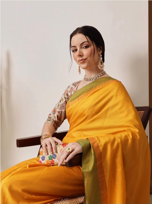 Uppada Patu Banarasi Saree Mustard Green with Unstitched Blouse - Heritage