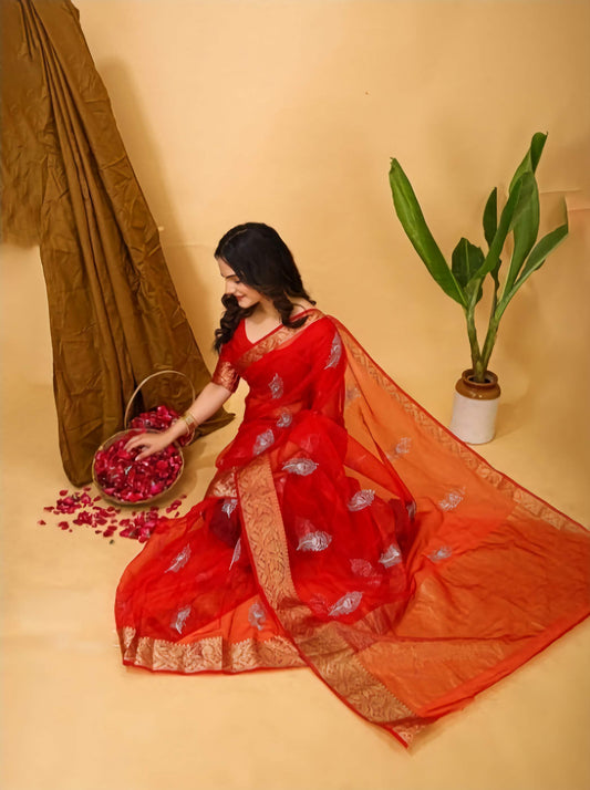 Kanjeevaram Pure Cotton Saree Red Gold Zari Embroidered Traditional South Indian Handwoven with Blouse