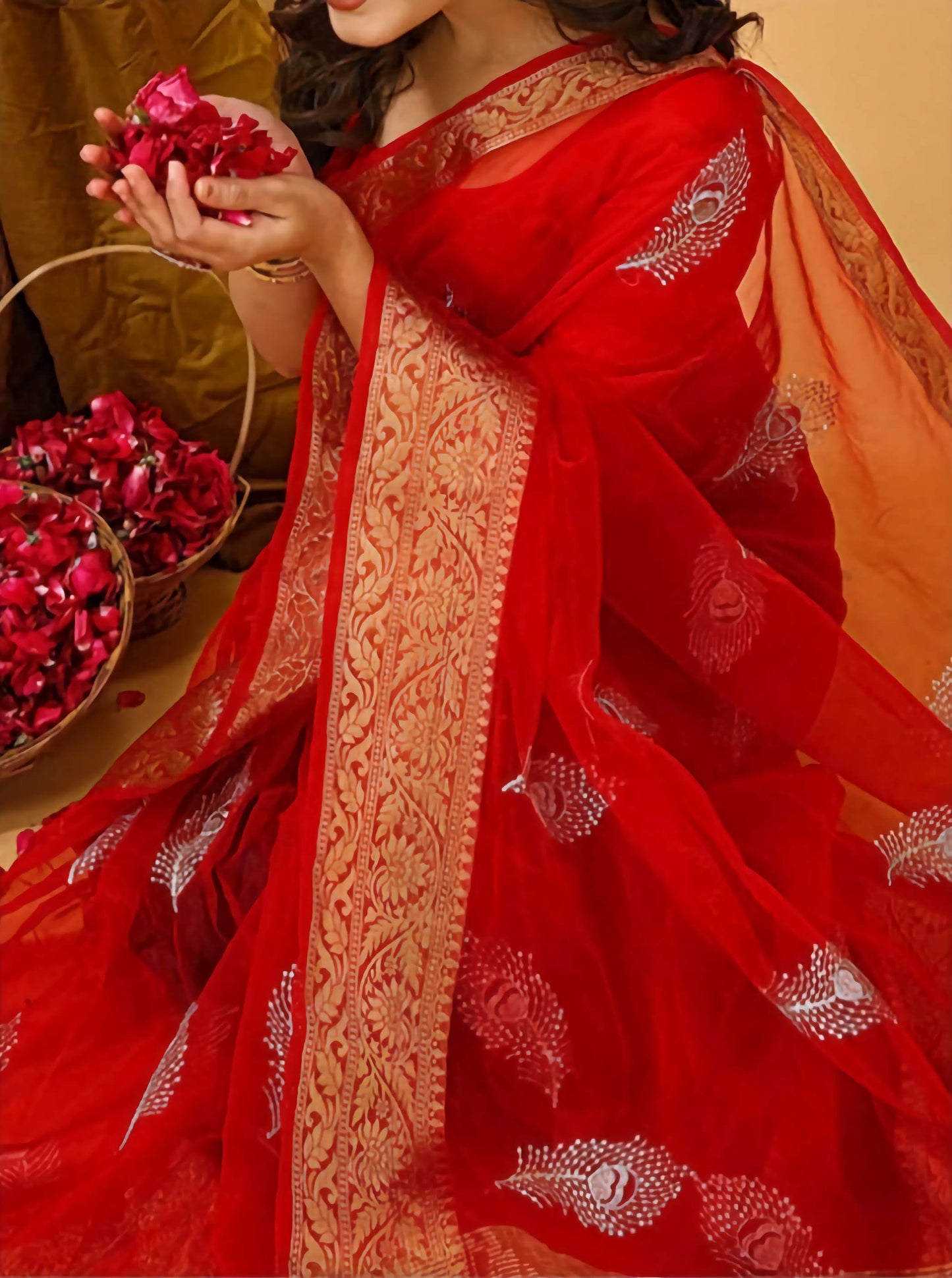 Kanjeevaram Pure Cotton Saree Red Gold Zari Embroidered Traditional South Indian Handwoven with Blouse