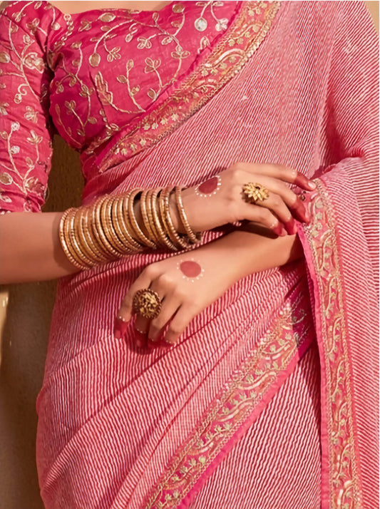 Pure Georgette Saree Pink White Striped Embroidery Border Leheriya with Blouse Piece