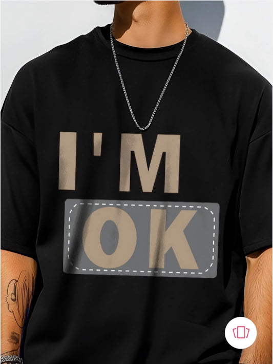 Black oversize t-shirt with 'I'm OK' text worn by a person from hiphaven