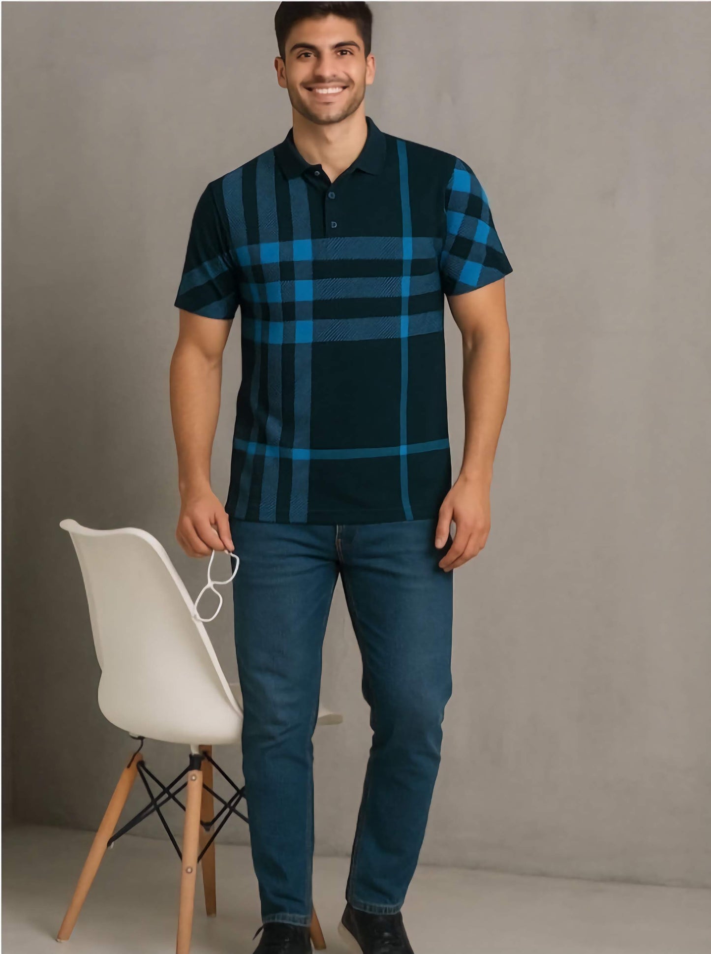 Men's Navy Blue Striped Polo Moisture Wicking T-Shirt Knitted Polyester