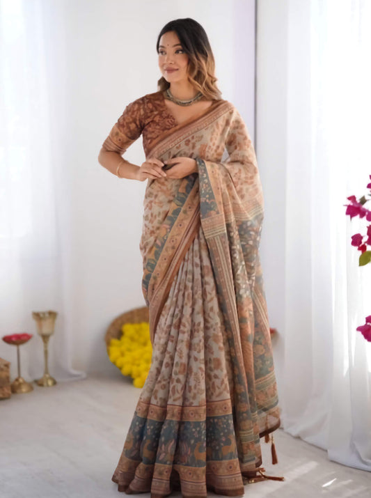 Kanjeevaram Pure Cotton Jamdani Saree Beige Maroon Zari Embroidered Traditional Handwoven with Blouse