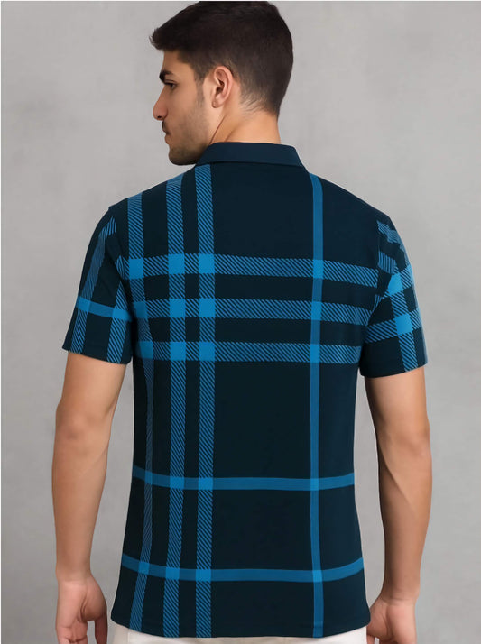 Men's Navy Blue Striped Polo Moisture Wicking T-Shirt Knitted Polyester