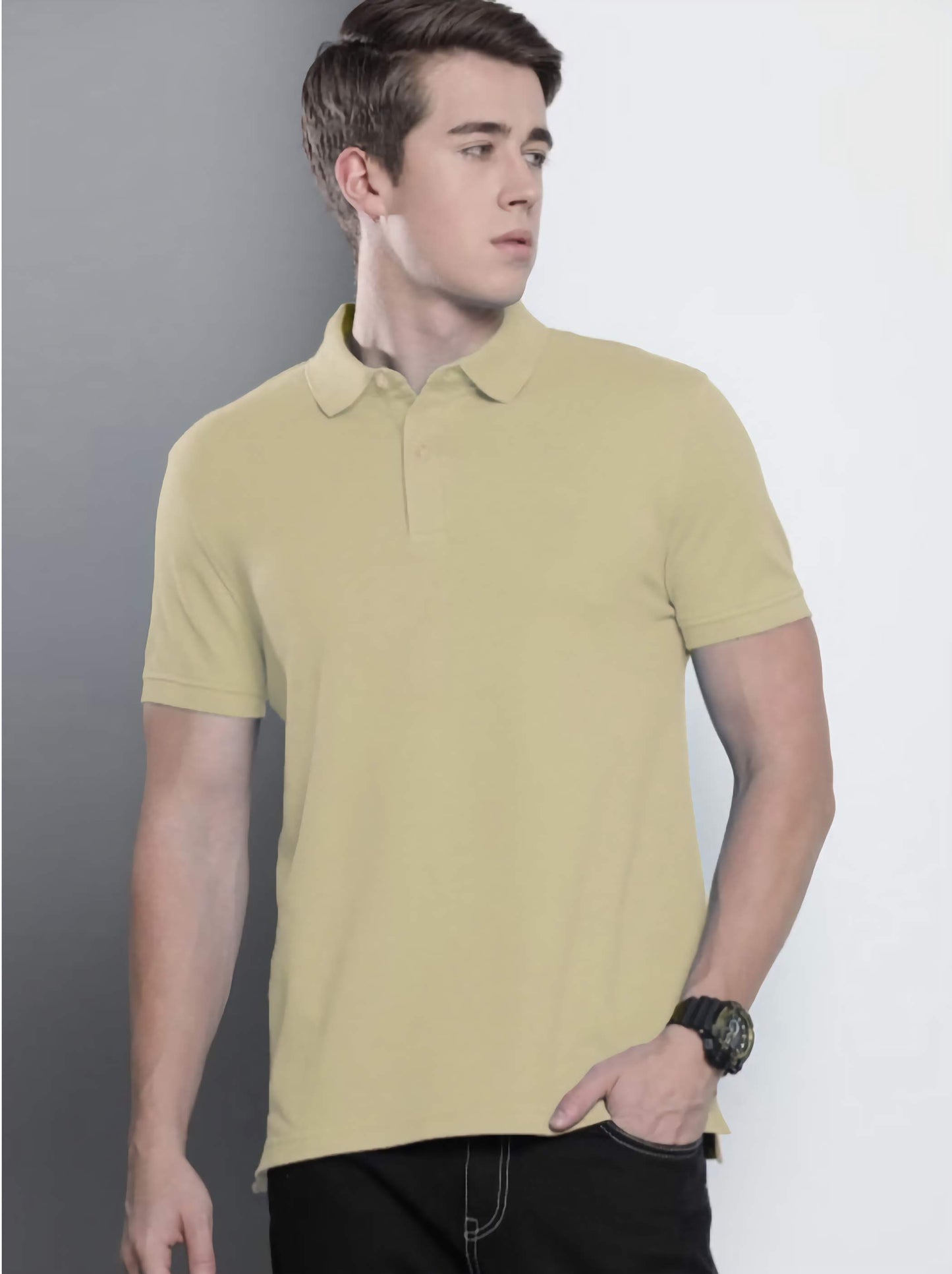 Men's Beige Polo Moisture Wicking T-Shirt Knitted Polyester