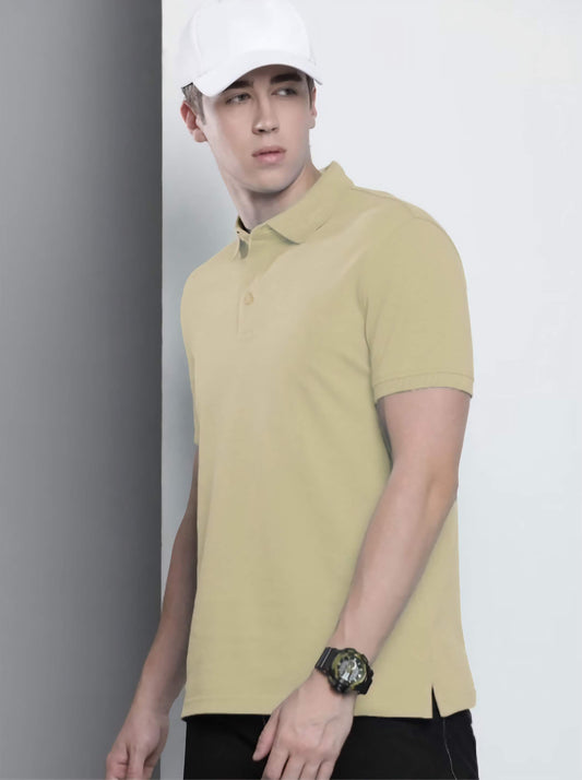 Men's Beige Polo Moisture Wicking T-Shirt Knitted Polyester
