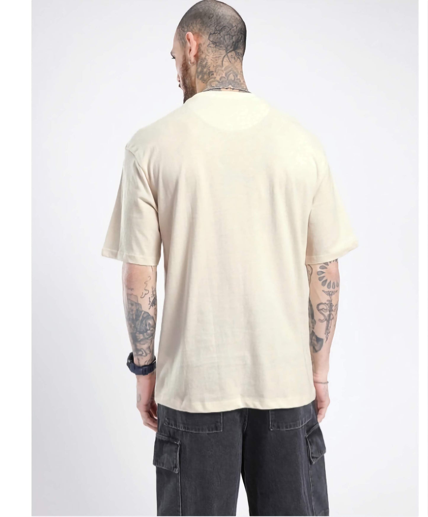 Men's Printed Oversized Beige T-Shirt Cotton Graphic Loose Fit Casual Streetwear Plus Size