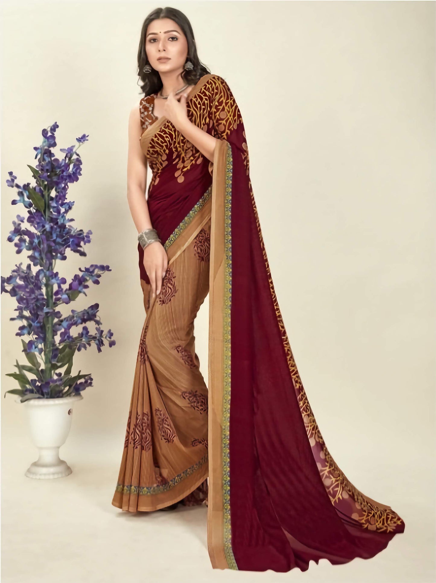 Printed Poly Georgette Saree - Brown Beige Yellow | Designer Collection