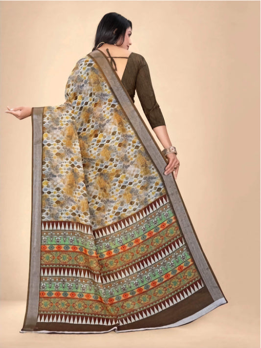 Kanjeevaram Pure Cotton Saree - Coffee Brown White Abstract Print with Zari Border