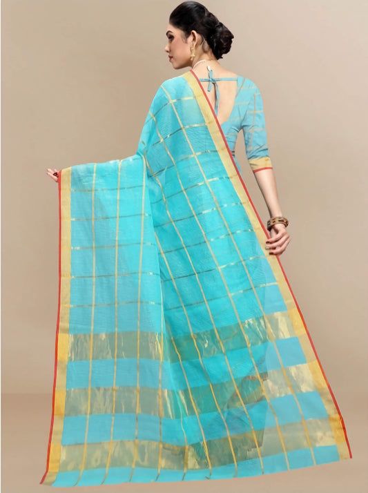 Poly Cotton Saree Blue Gold Woven Border Zari Work with Blouse Piece