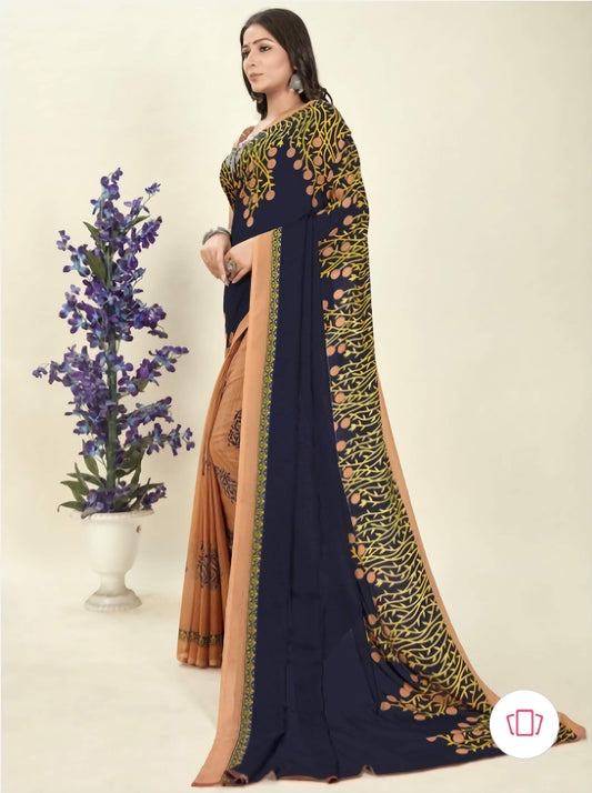 Printed Poly Georgette Saree Blue Peach Yellow with Unstitched Blouse
