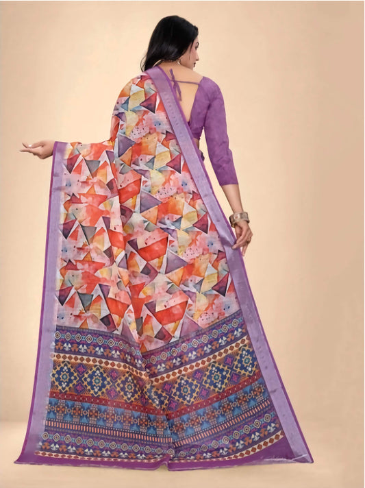 Kanjeevaram Pure Cotton Saree - Purple Silver Abstract Print with Zari Border & Blouse Piece
