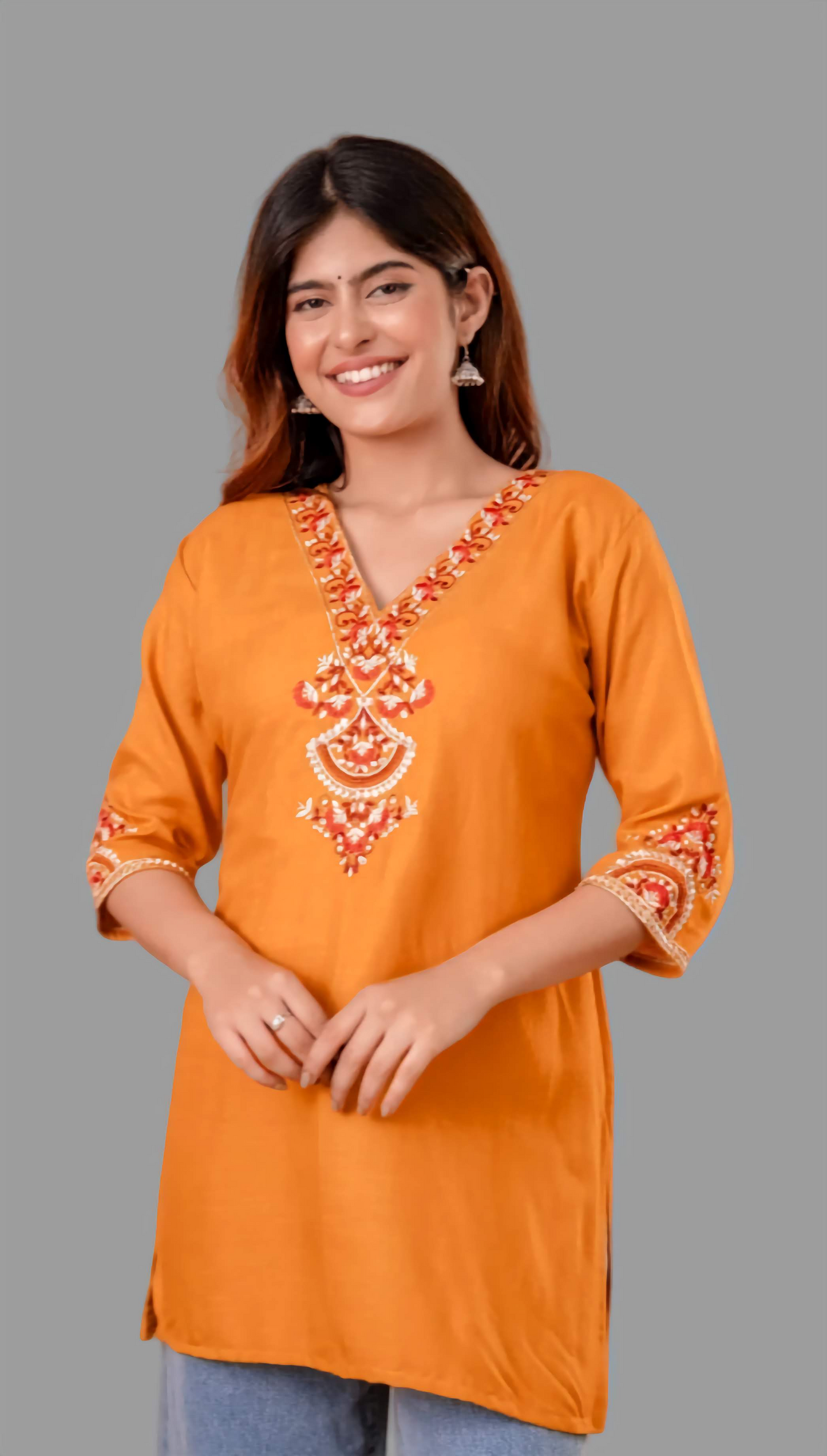 Mustard Cotton Short Kurta - Yellow with Red Floral Embroidery