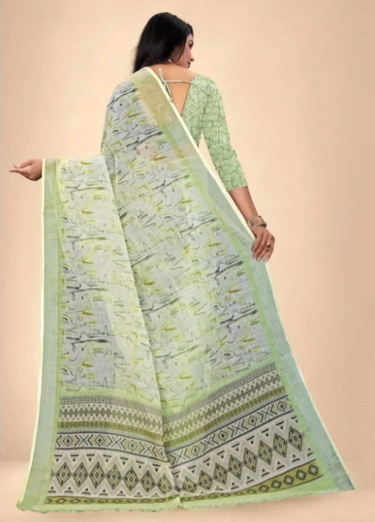 Kanjeevaram Pure Cotton Saree - Lime Green Silver Abstract Print with Zari Border