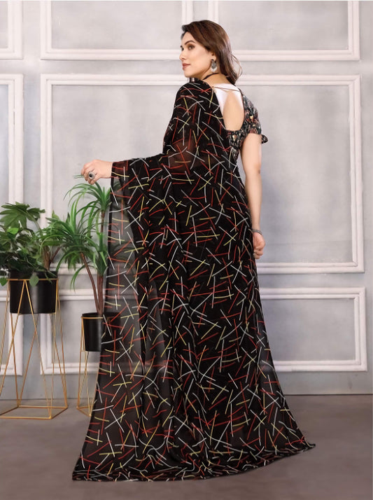 Pure Georgette Saree Black White Abstract Print with Blouse Piece