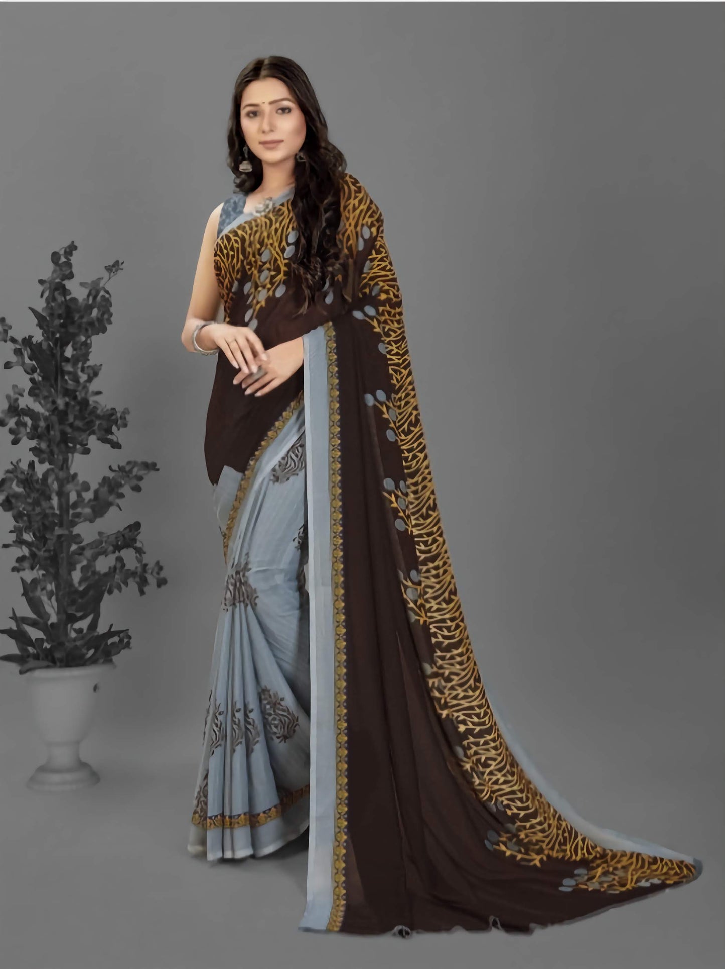 Printed Poly Georgette Saree Brown Grey - Elegant Designer Collection