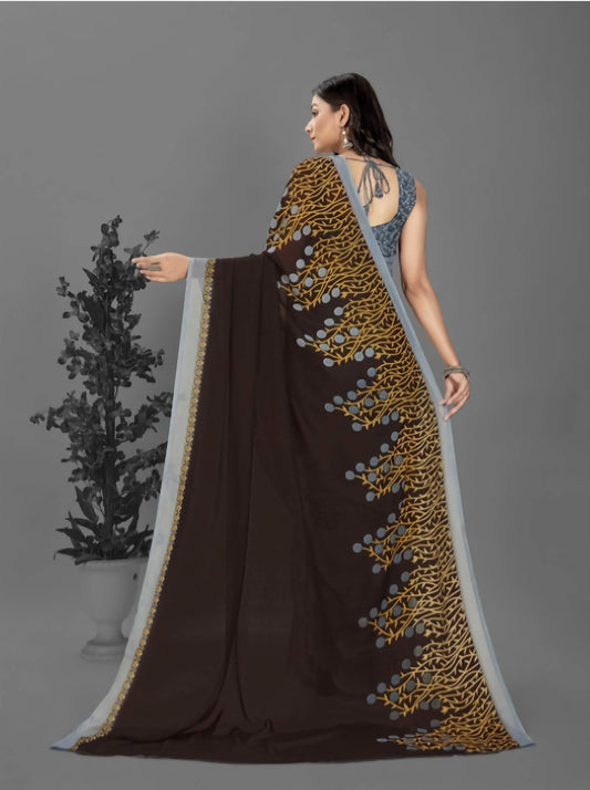 Printed Poly Georgette Saree Brown Grey - Elegant Designer Collection