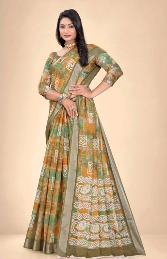 Kanjeevaram Pure Cotton Saree - Green Orange Abstract Print with Zari Border & Blouse Piece