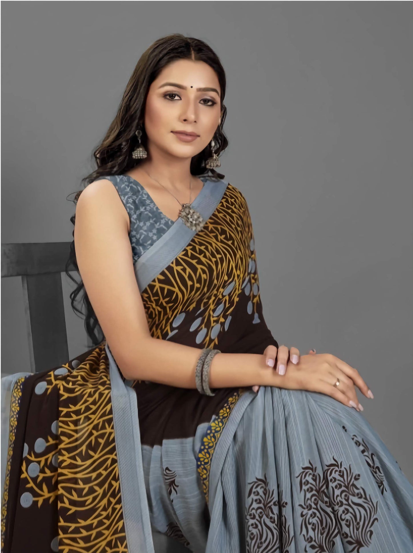 Printed Poly Georgette Saree Brown Grey - Elegant Designer Collection