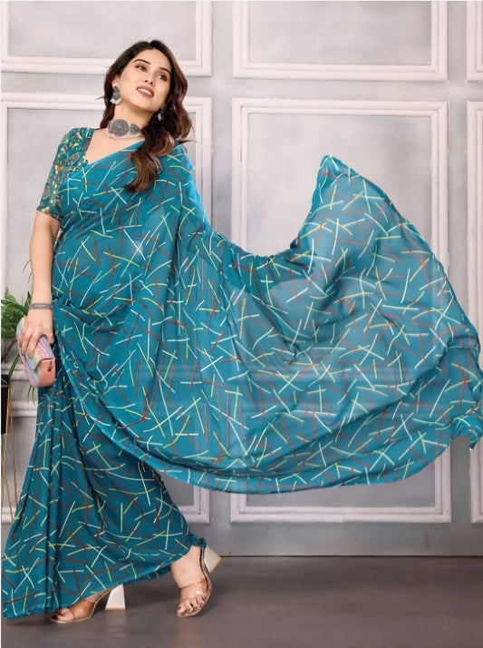 Pure Georgette Saree Blue Red Abstract Print with Blouse Piece
