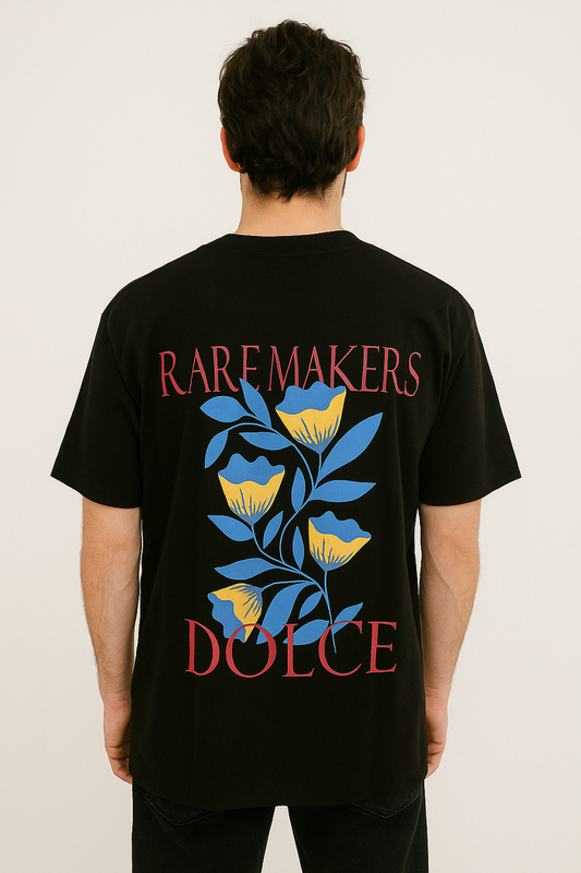 Person wearing a black t-shirt with 'Rare Makers Dolce' design on the back.
