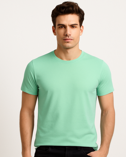 Front pose of model in mint green t-shirt