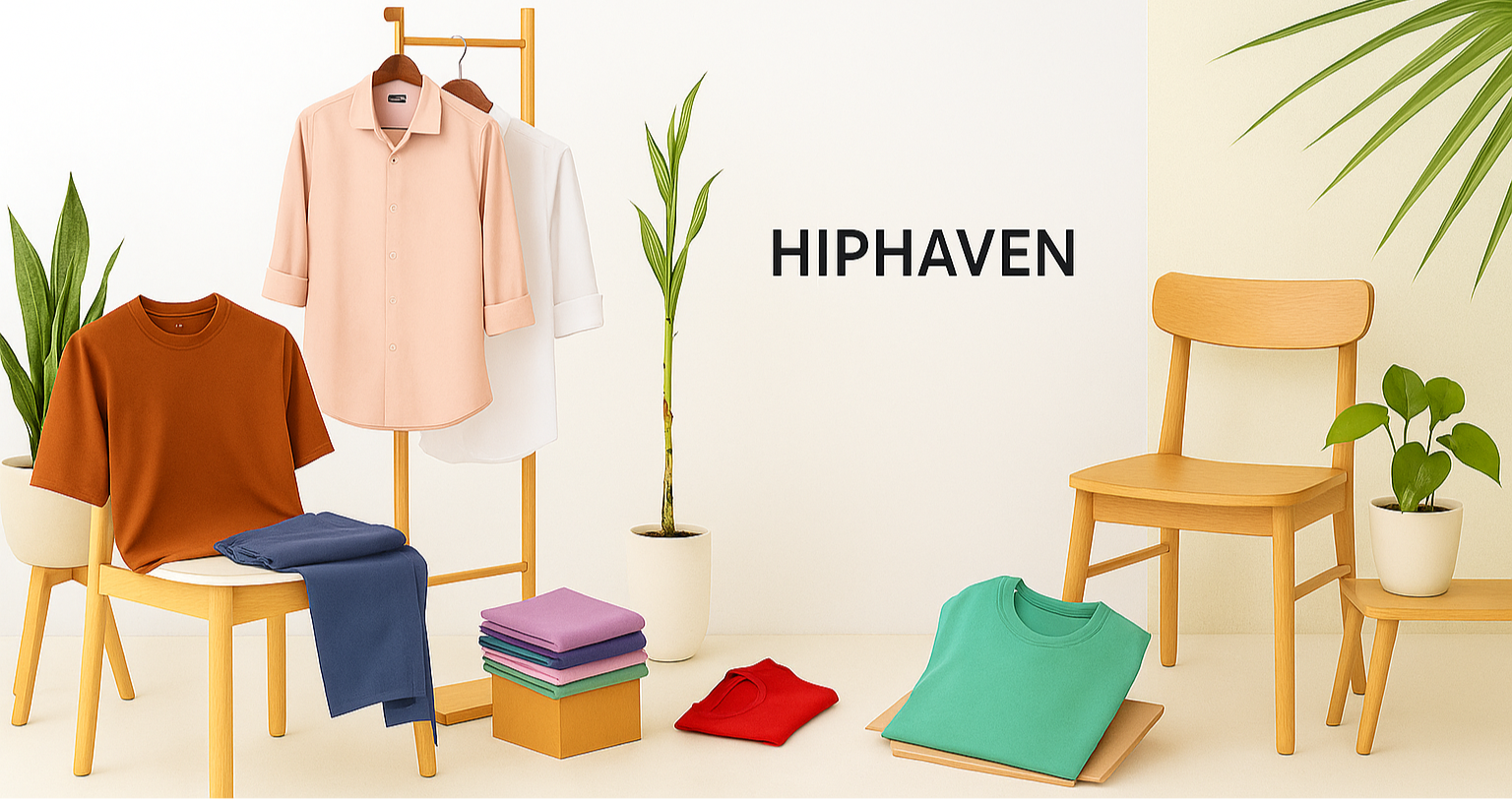 Hiphaven clothing and furniture display with chairs, clothes, and plants.