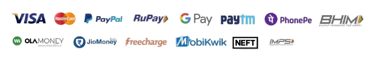 Logos of various payment methods including Visa, Mastercard, PayPal, and others on a white background.