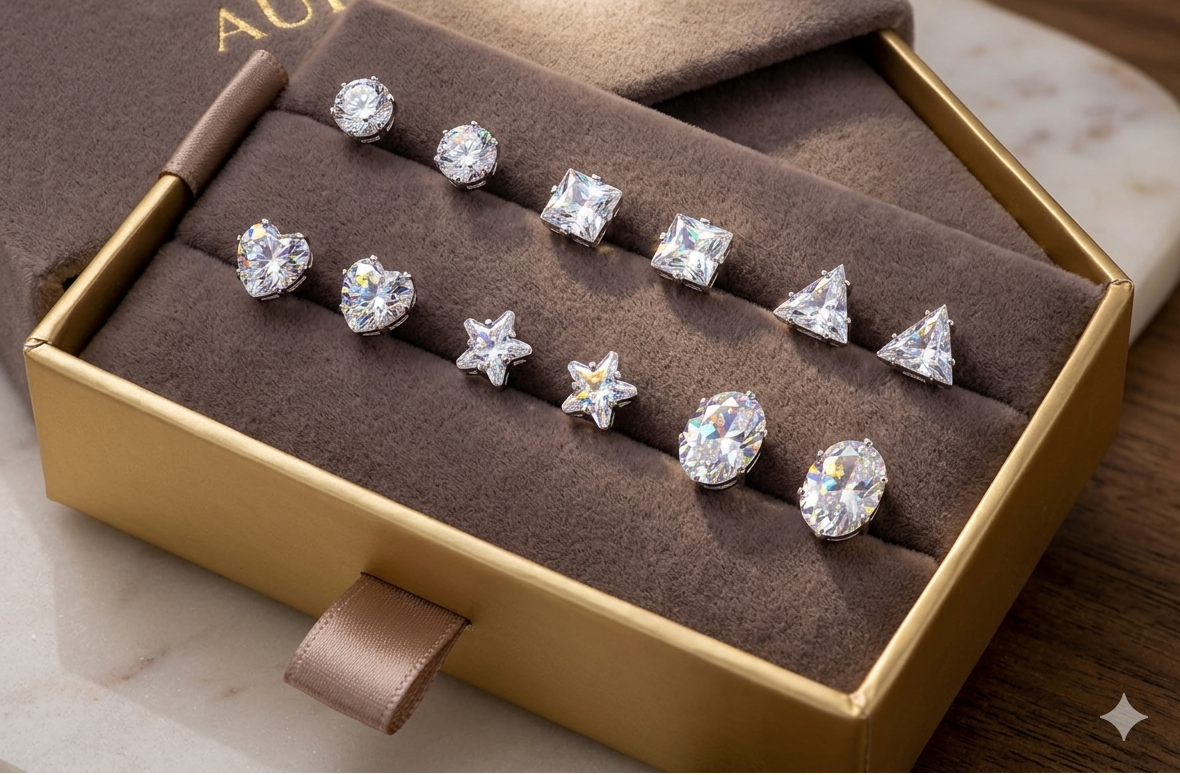 Set of silver earrings in a brown jewelry box with hiphaven branding.