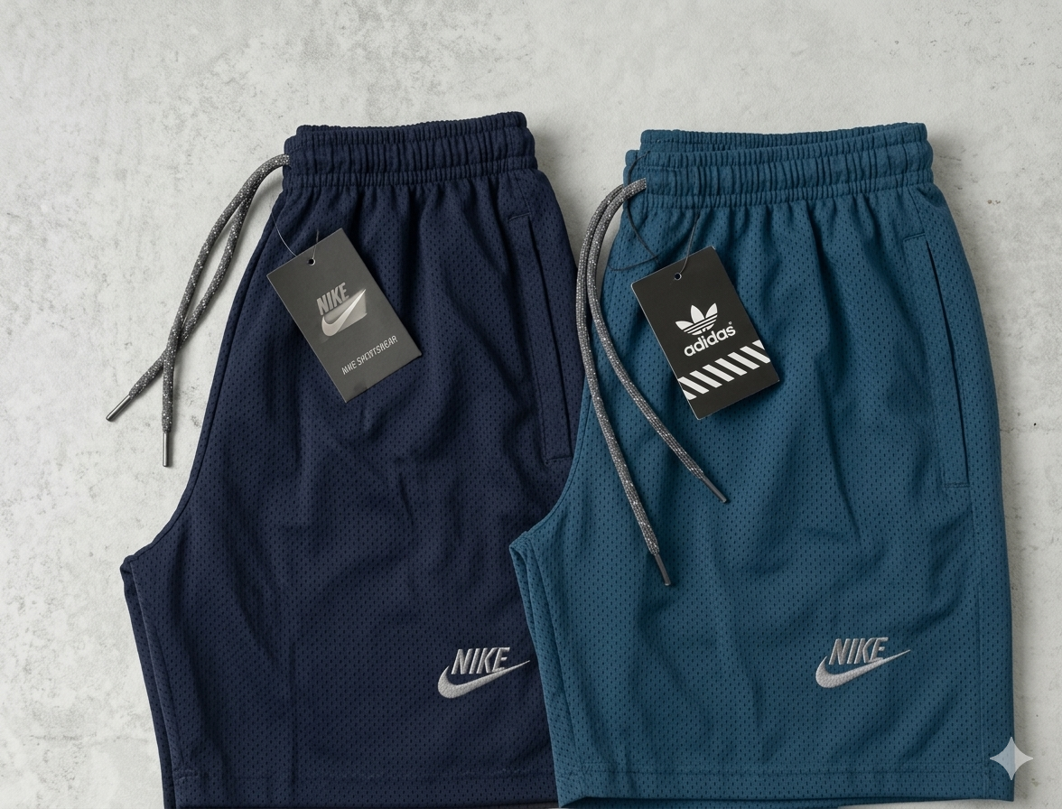 Two pairs of shorts, one navy and one blue  on a light gray surface.