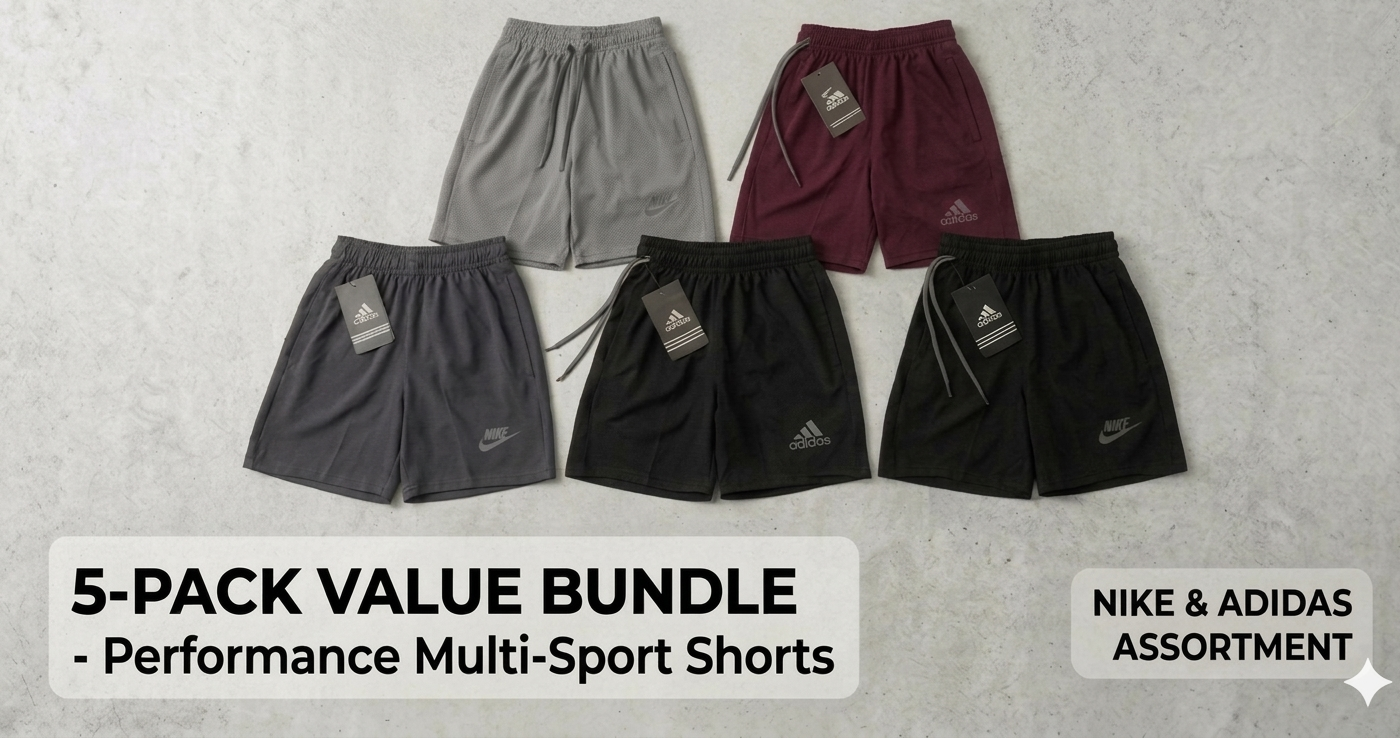 Five pairs of performance multi-sport shorts from Hiphaven on a gray background.