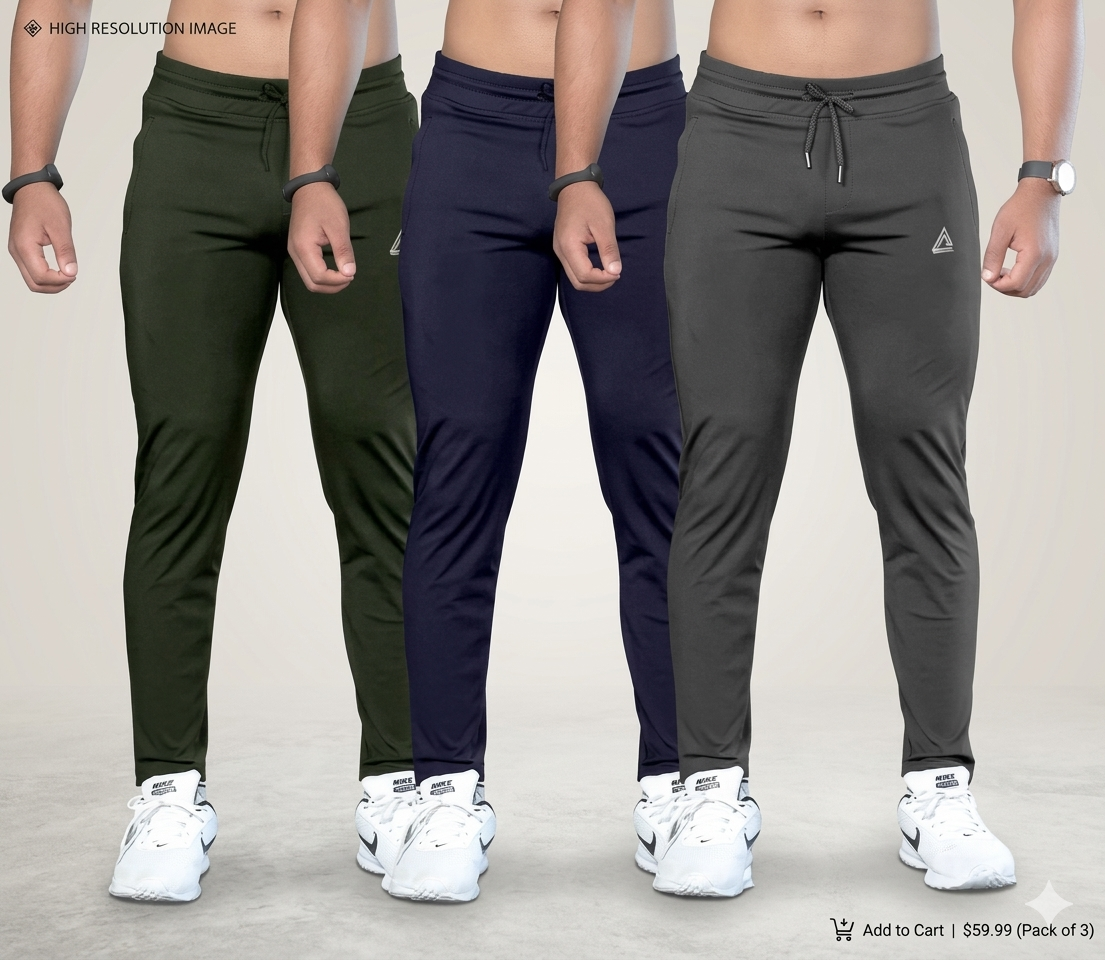 Three pairs of jogger pants in green, navy, and gray worn by models on a plain background.